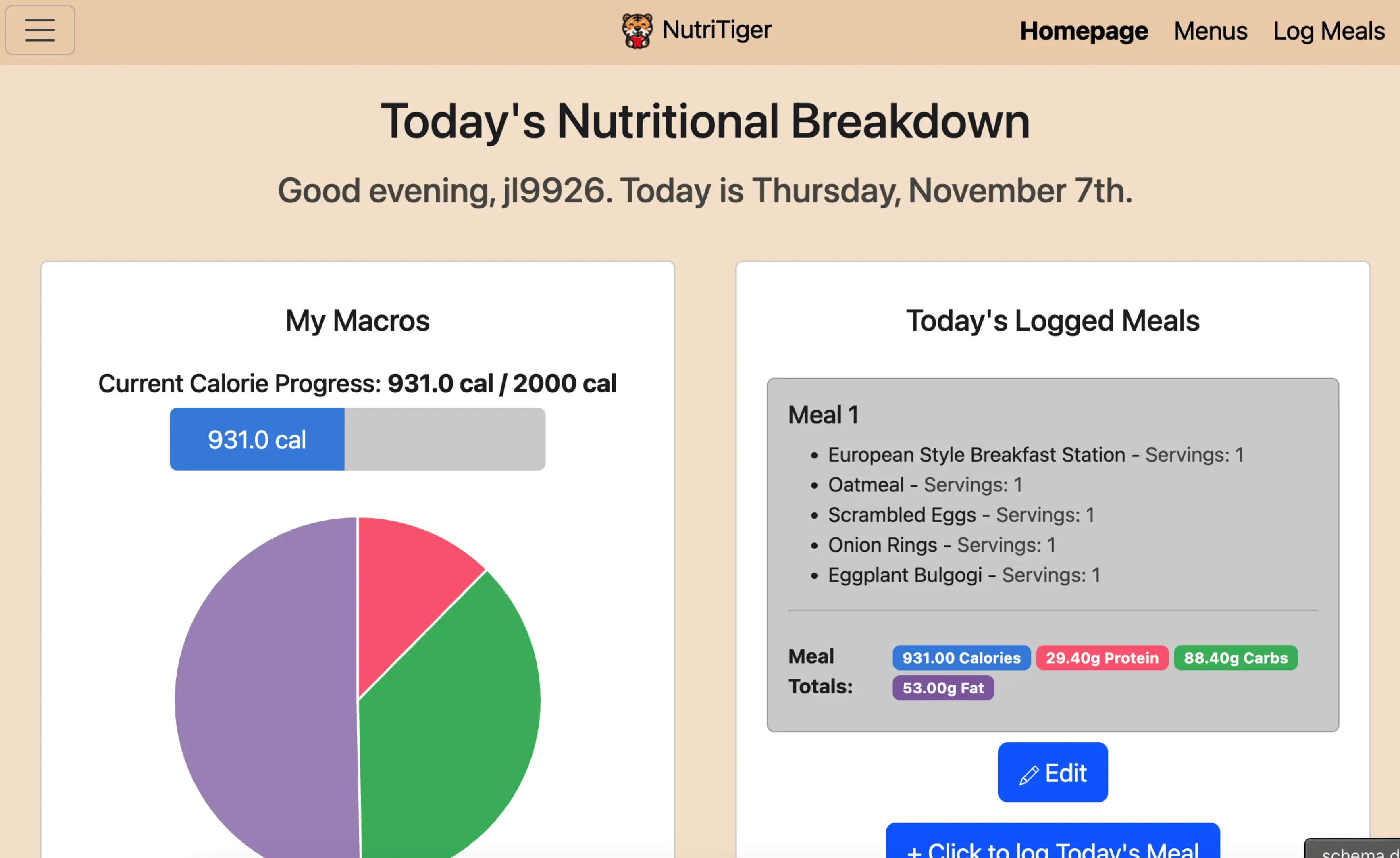 Nutri Tiger app screenshot