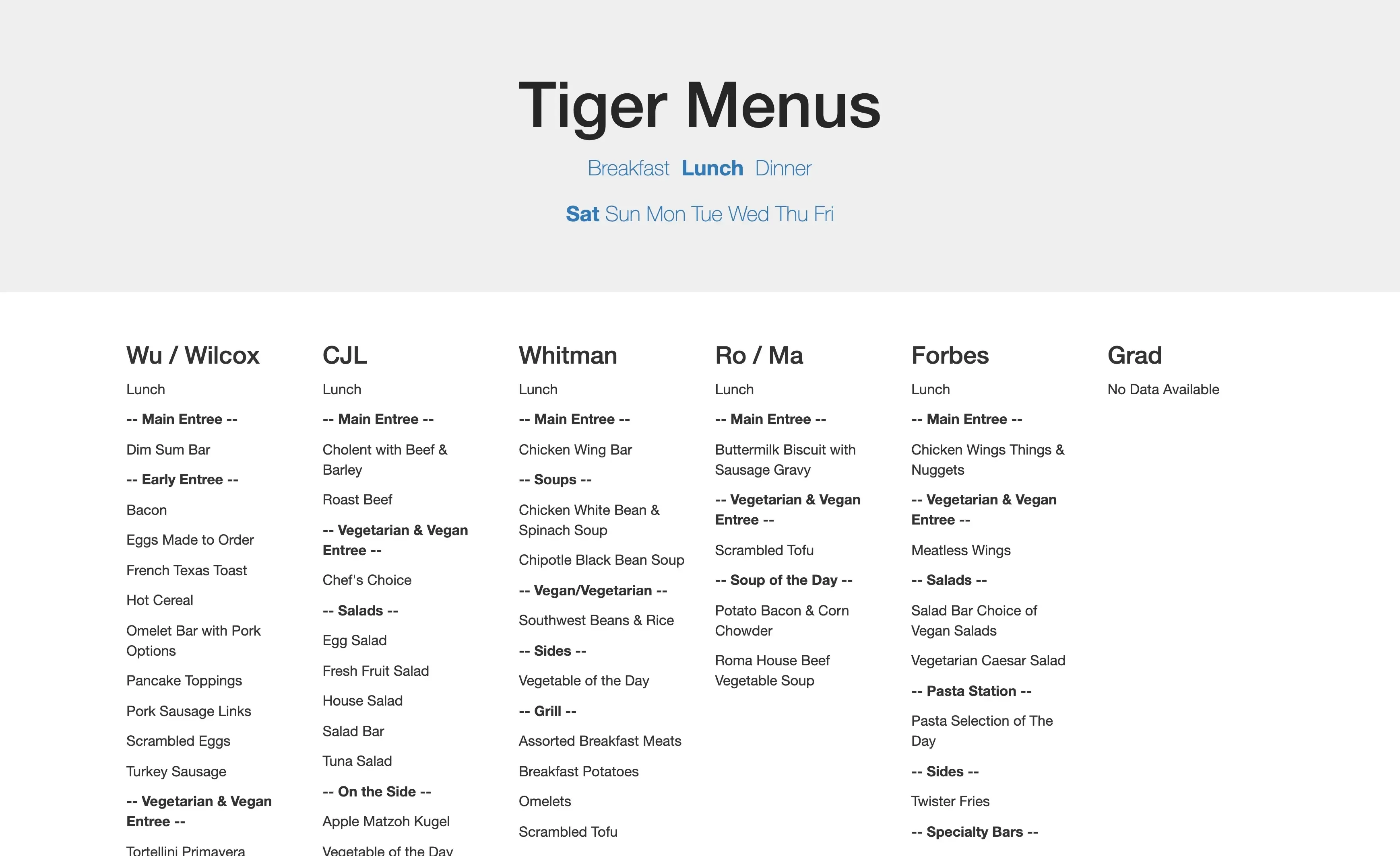 Tiger Menus app screenshot