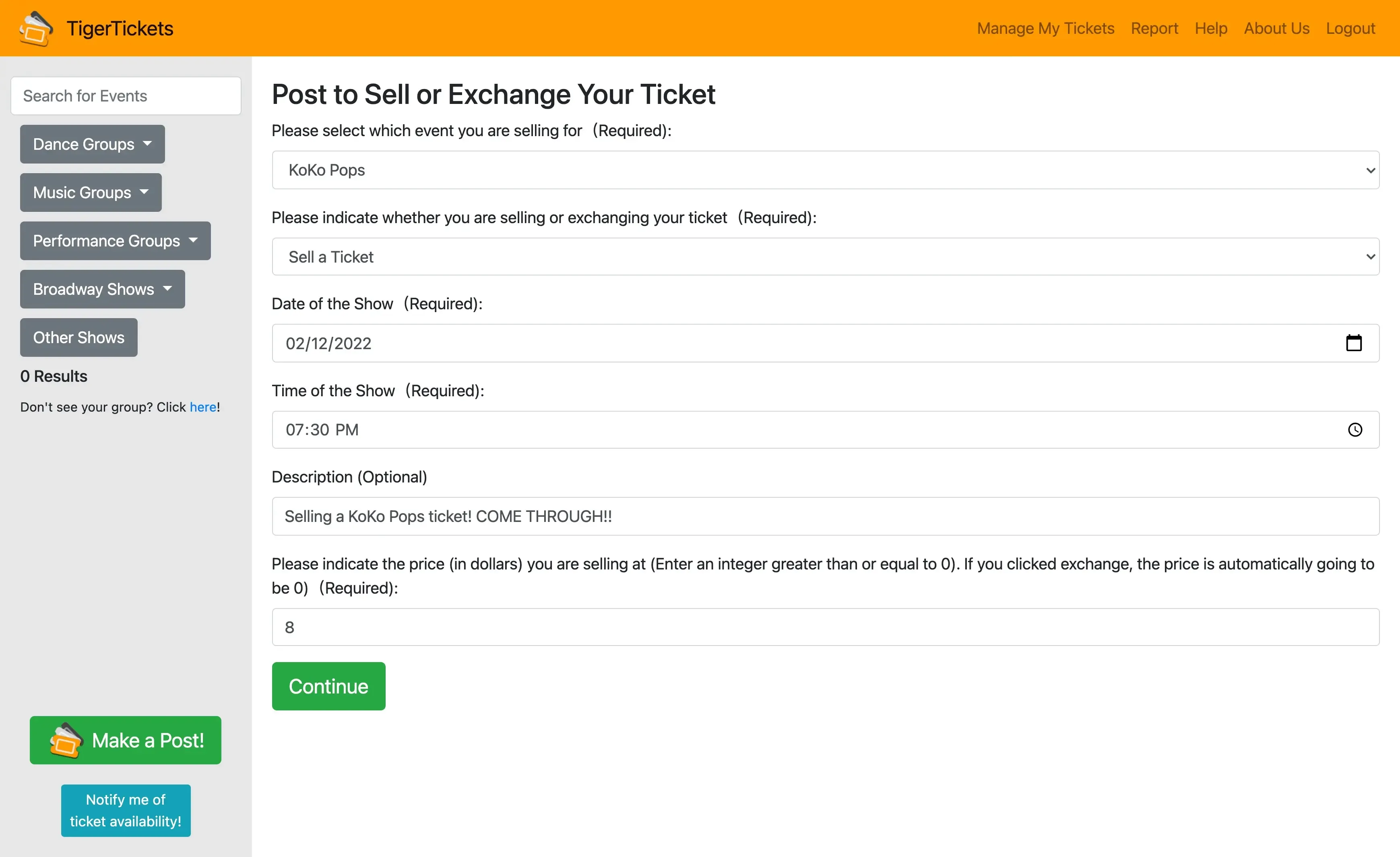 Tiger Tickets app screenshot